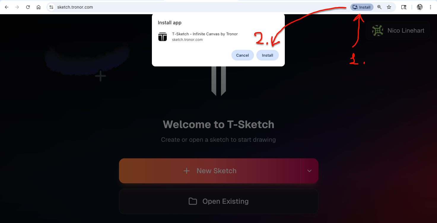 Chrome desktop showing the install icon in the address bar and the installation confirmation dialog