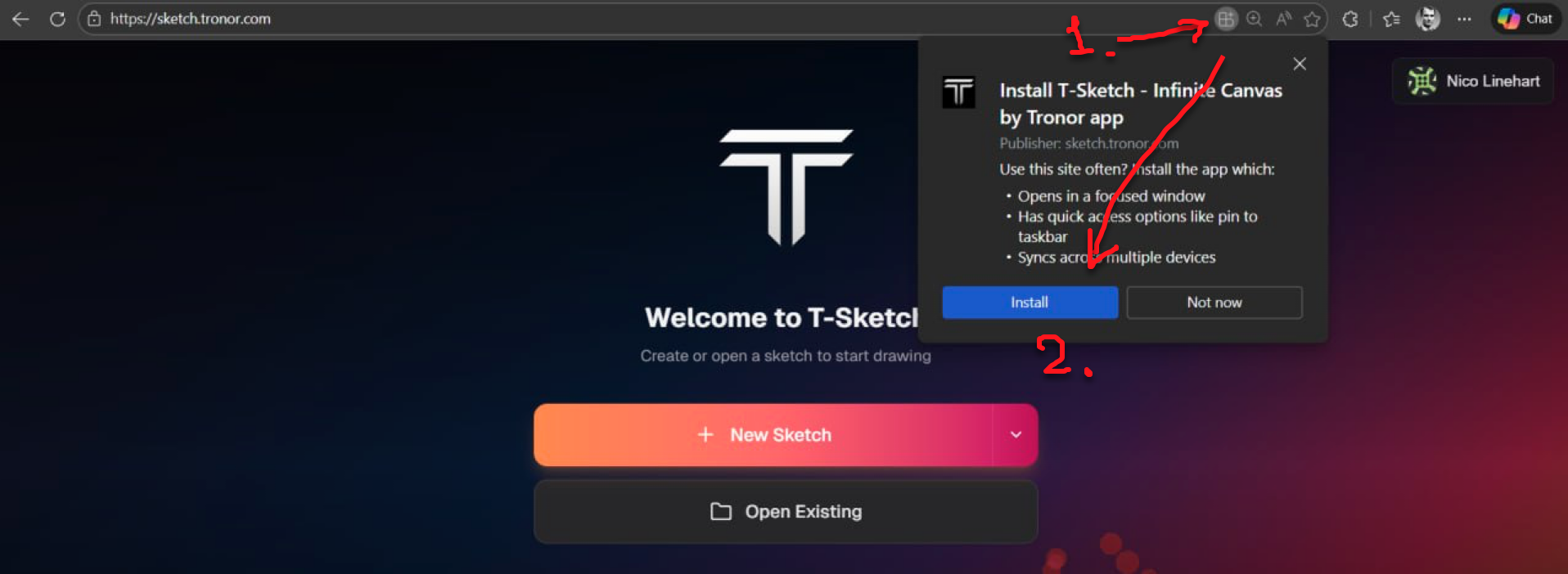 Edge desktop showing the install icon in the address bar and the installation confirmation dialog