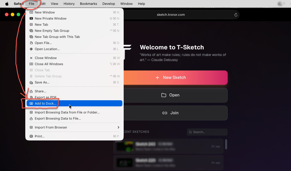 Safari on macOS showing File menu with the Add to Dock option
